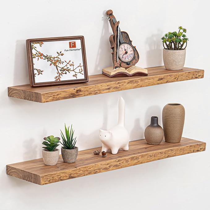 Fun Memories Floating Shelves for Wall Set of 2, Solid Elm Wood Wall Shelves 32 Inch - Invisible Bracket Mount, Deep Floating Shelf for Living Room Kitchen, Natural