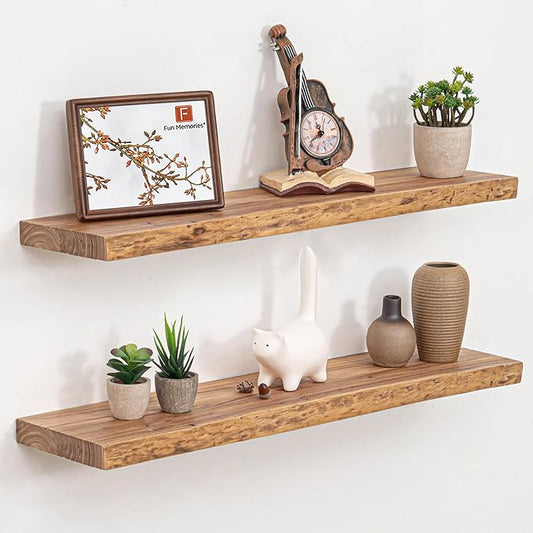 Fun Memories Floating Shelves for Wall Set of 2, Solid Elm Wood Wall Shelves 32 Inch - Invisible Bracket Mount, Deep Floating Shelf for Living Room Kitchen, Natural