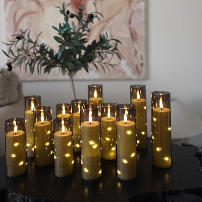 Da by Flameless Candles with Recessed String Light, Battery Operated Candles, Acrylic LED Pillar Candles with Remote Control and Timer, Gray, Set of 12