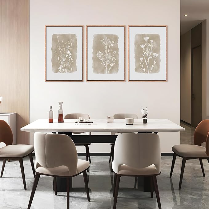 CHDITB Neutral Botanical Wall Art Set of 3, 24"x36" Large Framed Boho Farmhouse Wall Decor, Modern Minimalist Floral Wall Painting, Rustic Wildflower Canvas Art Prints for Living Room, Bedroom