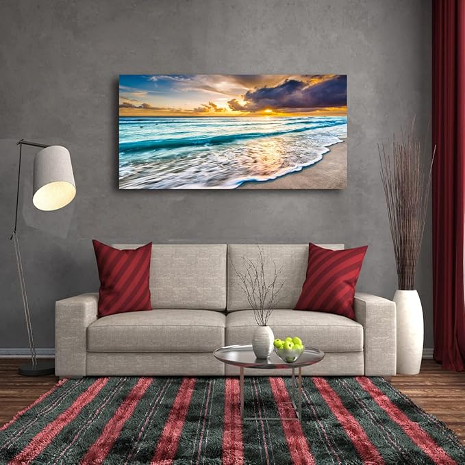 Beach Seascape Pictures Canvas Wall Art for Home Decor Wave Sunset Prints Paintings for Living Room Bedroom Decorations Natural Landscape Artwork 20x40inches