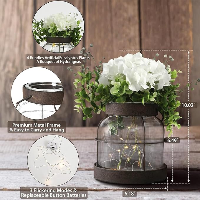Farmhouse Glass Lantern Vase Vintage Flower Vases with Plants Hydrangea Lights Rustic Floral Arrangement Centerpieces Home Decor Hostess Housewarming Gift