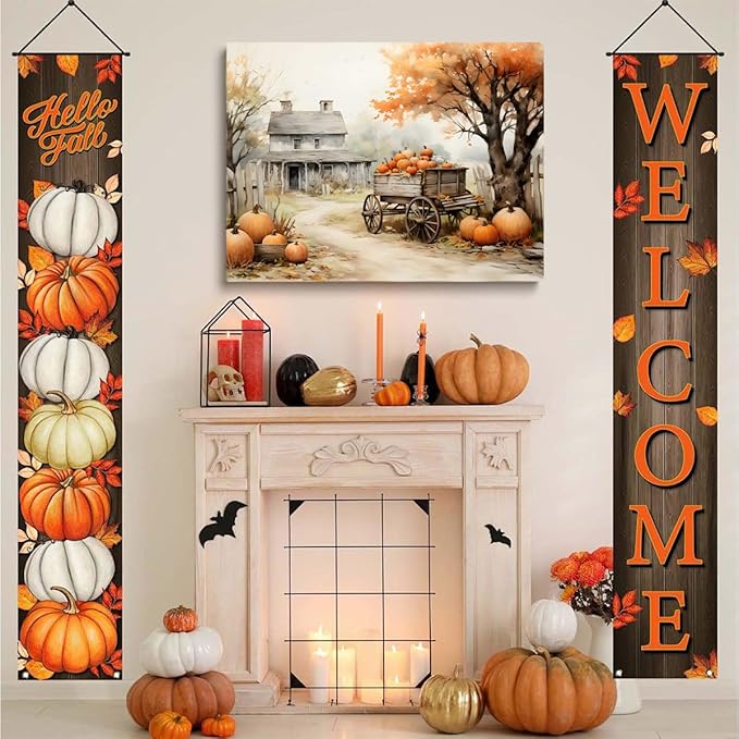 Framed Autumn Farmhouse Sketch posters Gallery Canvas Print Wall Art Vintage Farmhouse Decor Autumn Art Fall Landscape Pumpkin Decoration 24x36"framed