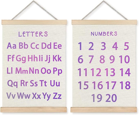 Supwhd Classroom Wall Decor, Numbers and Alphabet Educational Wall Art Poster, Alphabet ABC Numbers from 1 to 20 Poster Wall Decor for Toddler Kids Room Playroom Classroom, 12x16 Set of 2（Purple）