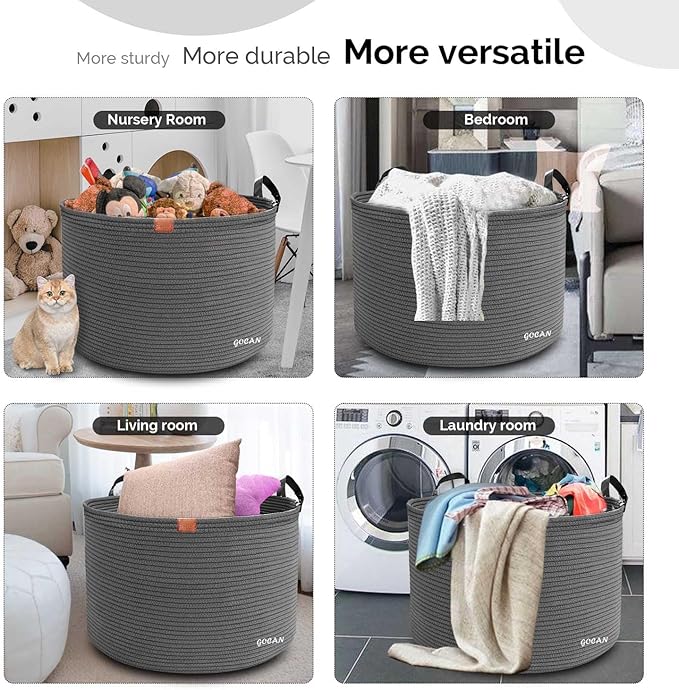 Extra Large Storage Laundry Basket 22" X 22"X 14" Cotton Rope Woven Basket for Blanket Basket with Handles for Living Room Toys Storage XXXL (Dull grey)