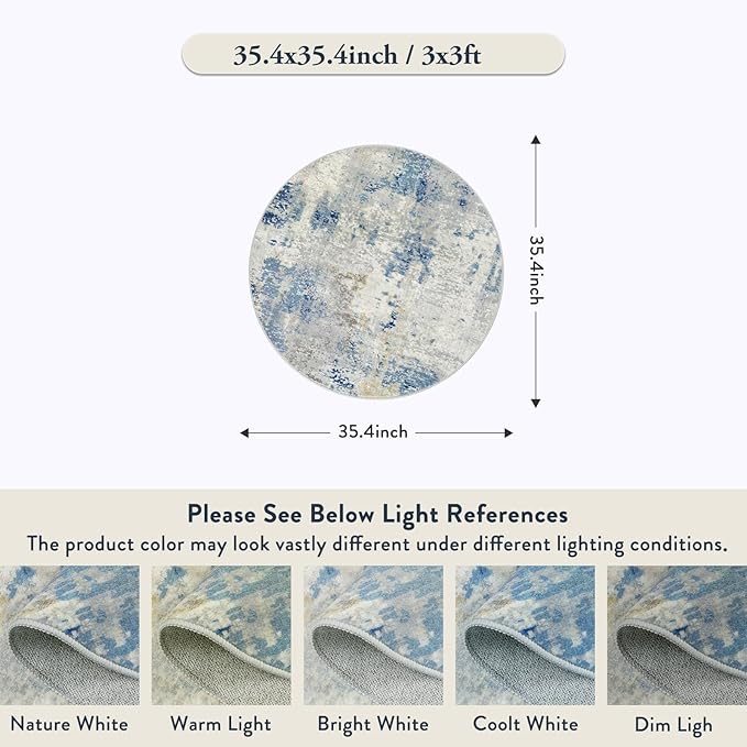 Lahome Modern Abstract Round Rug 3Ft, Blue Washable 3x3 Circle Rugs for Kitchen Entryway Soft Small Bedroom Mat Non Slip, Contemporary Indoor Floor Throw Carpet for Nursery Home Office