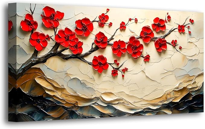Tree of Life Pictures Canvas Wall Art for Living room Office Bedroom Red Flower Tree Wall Decor,Yellow Abstract Wall Art Print Paintings Modern Plum Blossom Mountain Artwork Ready to Hang-20x40inch