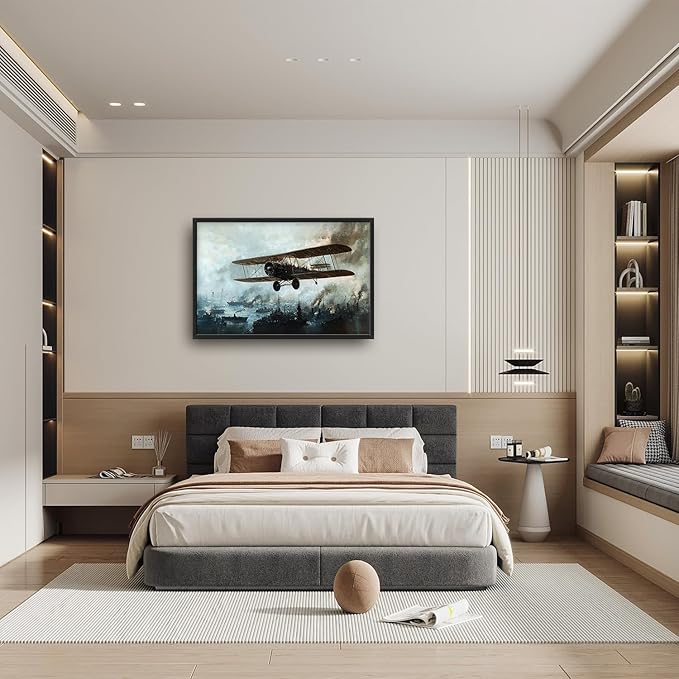 Flintis Large old Biplane Framed Wall Art Vintage Aircraft Pictures Wall Decor Abstract Airplane Poster Canvas Painting Print Artworks Framed for Living Room Bathroom Master Bedroom 36L X 24W