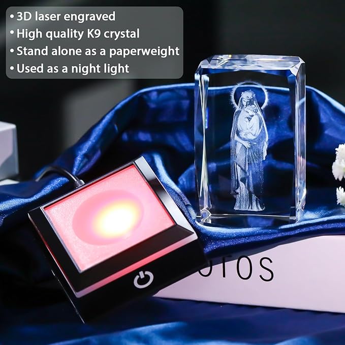 Movdyka Virgin Mary Statue Night Light - 3D Laser Engraved Madonna and Child Crystal Cube with Color-Changing LED Base | Catholic Gifts for Women & Men