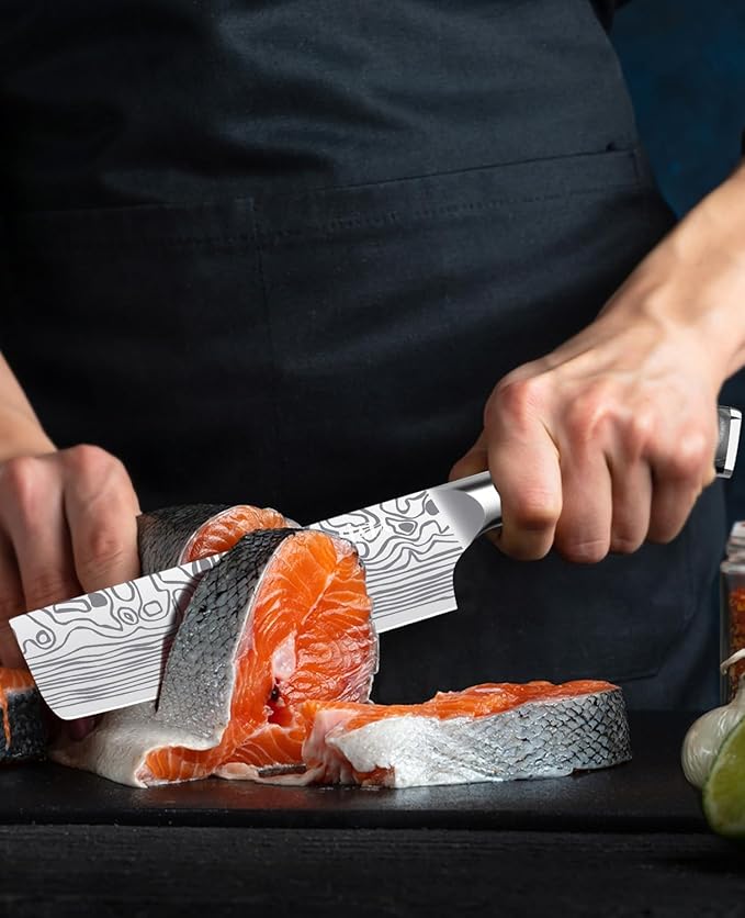 MOSFiATA 7” Nakiri Chef's Knife with Finger Guard, German High Carbon Stainless Steel EN1.4116 Vegetable Knife, Multipurpose Kitchen Knife with Micarta Handle in Gift Box