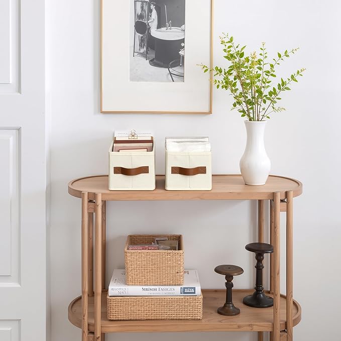 GRANNY SAYS Small Fabric Storage Bins, Storage Baskets for Shelves with PU Handles, Toilet Paper Storage, Mini Baskets for Organizing DVD, Photos, Clothes, Diaper, Sock, Cd, 6-Pack, Ivory