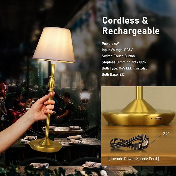 Cordless Table Lamp Portable Small LED Touch Lamp with Dimmer, 18" 2700K Rechargeable Battery Light for Bedside, Dining Room, Bedroom Lamp, Patio, Bar, Night Light, Bathroom (Antique Brass)