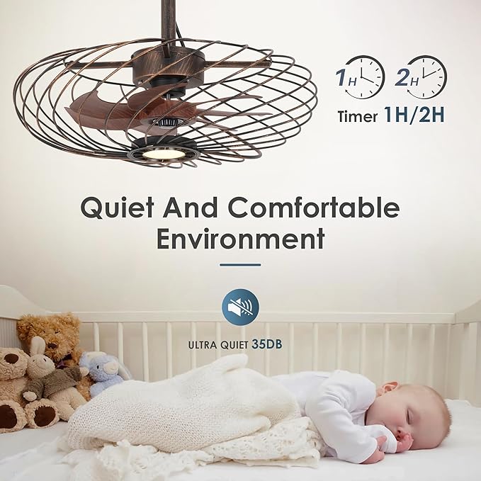 20" Outdoor Ceiling Fan with Light, Waterproof Gazebo Fan Remote Control, Dimmable LED Light, Hanging Black Caged Ceiling Fixtures with Plug in Cord for Patios Pergola, Black Gold