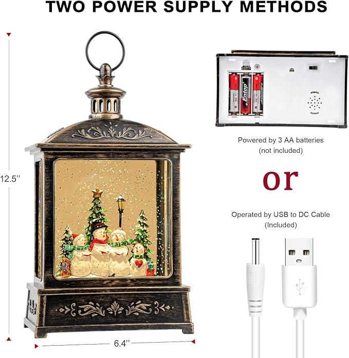 Christmas Snow Globe Swirling Glittering Snowman Choir with Music & Timer, USB Lined/Battery Operated Lighted Water Lantern for Christmas Festival Decoration Gifts