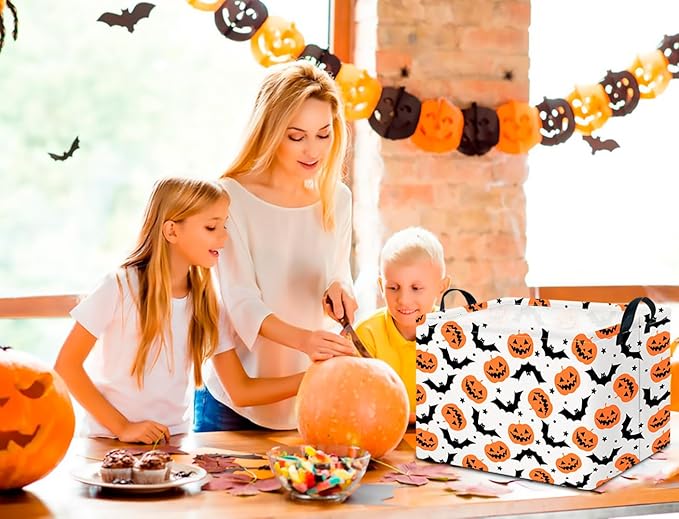 CLOCOR Rectangular Storage Basket Empty, Gift Basket for Halloween, Waterproof Storage Bin with Handles, Room Decor(Bat Pumpkin Halloween)