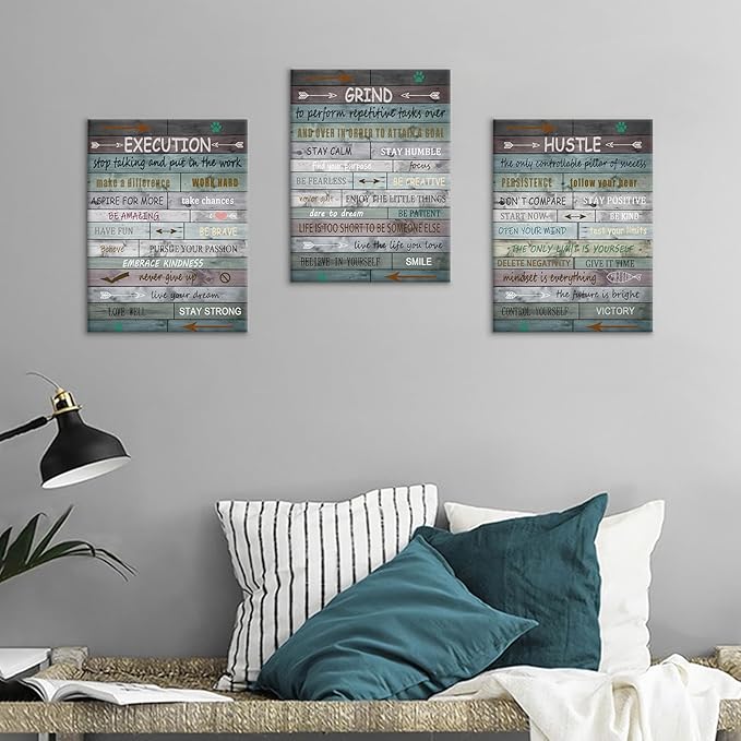 Inspirational Canvas Wall Art Poster Print Grind Execution Hustle Motivational Entrepreneur Quotes Picture Painting Artwork for Modern Home Bathroom Wall Decor Stretched and Framed [36''W x 16''H]