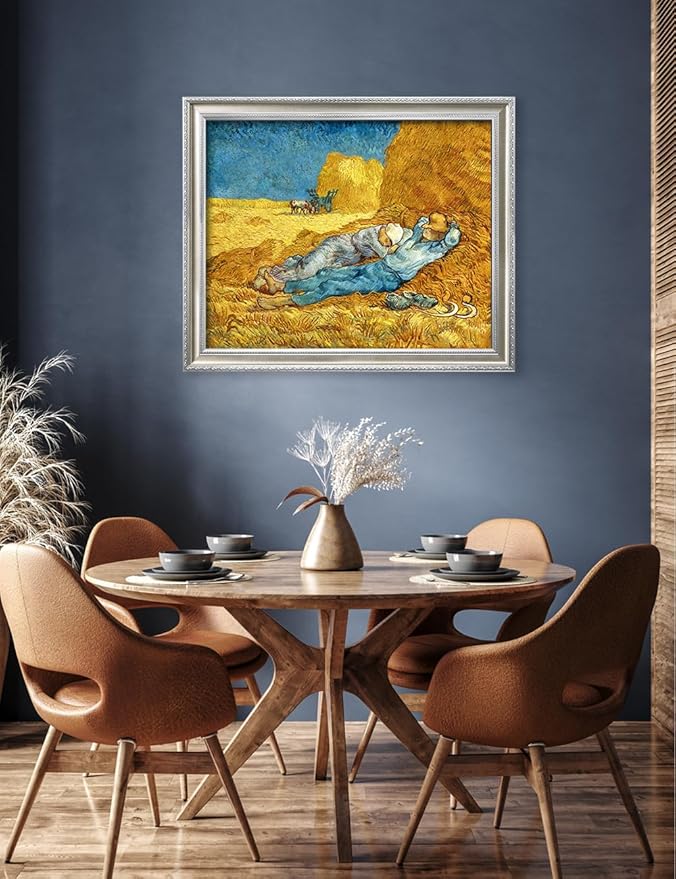 DECORARTS - Noon: Rest from Work by Vincent van Gogh, Museum-Quality Giclee Canvas Print with Silver Solid Wood Frame, 34.75 x 28.75 in, Ready to Hang, Made in USA