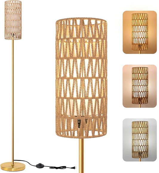 Floor Lamp for Living Room,Farmhouse Rattan Floor lamp,Modern Standing lamp with 3 Color LED Bulb,Gold Tall Lamp with Foot Switch