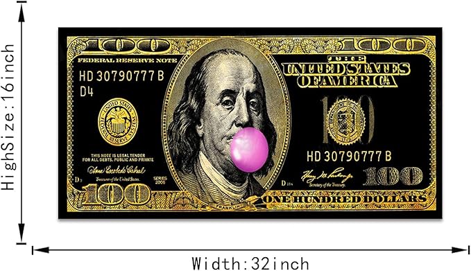 Motivational Money Art Print Dollars Canvas Office Home Decor for Walls Funny Franklin 100 Dollar Pop Art HD Print Black Golden Money Art for Living Room Bedroom Decor Framed Ready to Hang-32 Wx16 H