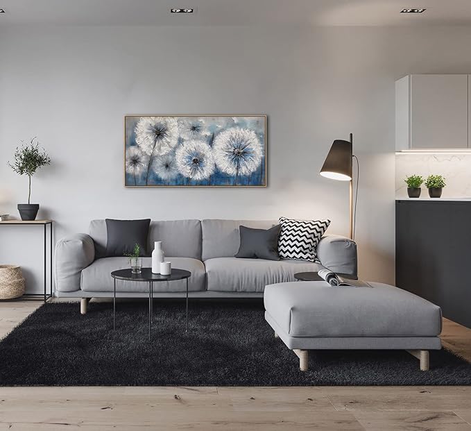 Dandelion Canvas Print - Framed Wall Art for Living Room & Bedroom - Large White Flower Flora Home Decoration (With Solid Wood Dark Frame)