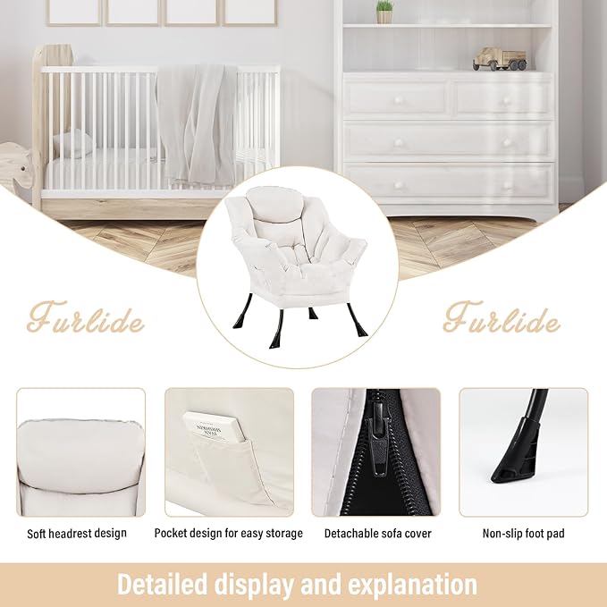 Lazy Chair for Living Room, Modern Accent Chairs with Armrests, Comfy Lounge Chair with Side Pocket, Cozy Lazy Sofa for Reading, Balcony, Bedroom, Dorm, Small Spaces (Beige)