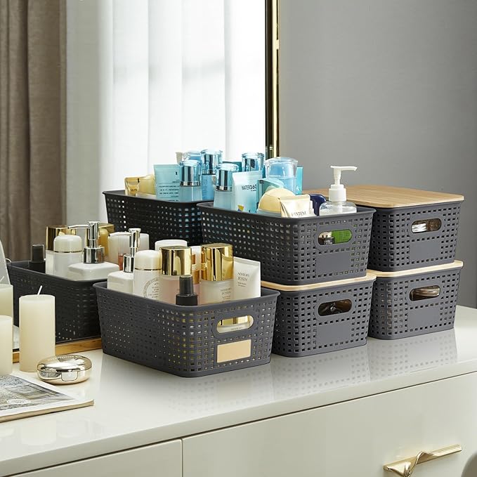 Small Plastic Storage Bins with Bamboo Lids 5.2qt Stackable Box Basket Pantry Decorative Containers Cute with Lable for Organizing Desktop Closet Office Gray of 6 packs 10 * 7.2 * 4.1'’