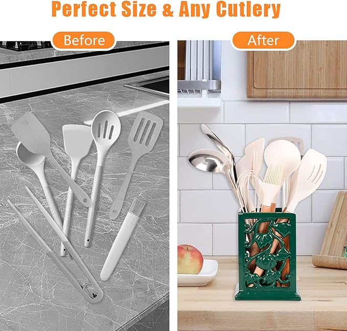 Utensil Holder for Kitchen Counter, Large Cast Iron Vintage Pumpkin Pattern Utensil Holder Cooking Tools Organizer Storage Crock, Green