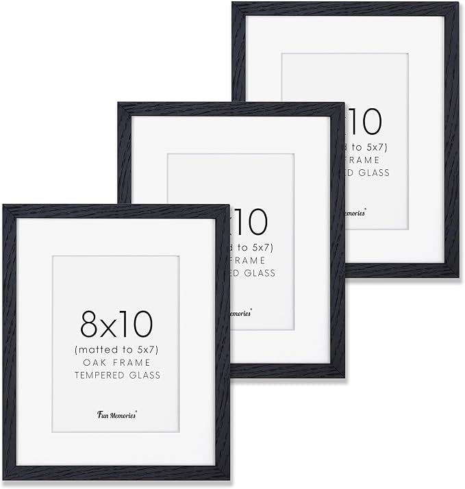 8x10 Picture Frame Black Set of 3, Solid Oak Wood Photo Frames 8 x 10 for Wall, Real Glass 8"x10" Frame with Stand, 8 by 10 Black Wood Frame, 8x10 Matted Frame for 5x7