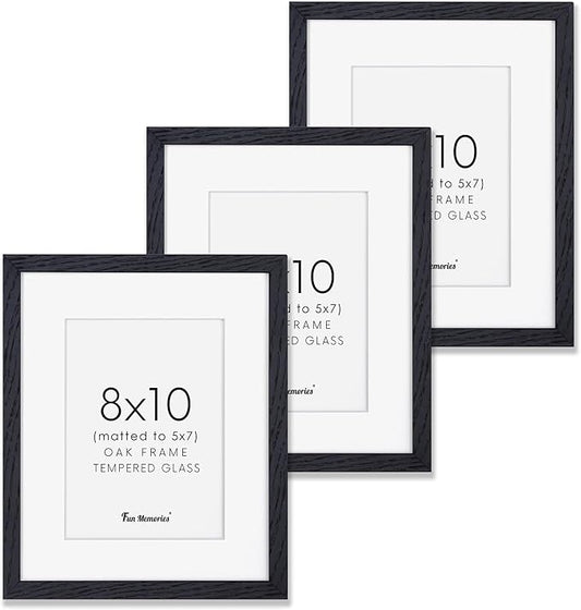 8x10 Picture Frame Black Set of 3, Solid Oak Wood Photo Frames 8 x 10 for Wall, Real Glass 8"x10" Frame with Stand, 8 by 10 Black Wood Frame, 8x10 Matted Frame for 5x7