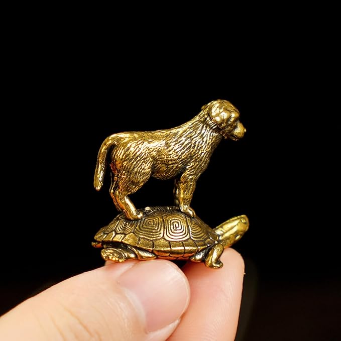 Retro Handcrafted TurtleTop Pup Statue - 100% Solid Brass Desk Decor | Vintage Style Collectible Art Piece for Home & Office | Unique Gift for Animal Lovers, Elegant Tabletop Sculpture