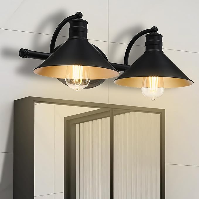 2 Light Bathroom Vanity Light Over Mirror - Black and Gold Farmhouse Wall Light for Bathroom Vanity Powder Room, Rustic Gooseneck Barn Style 2 Bulb Wall Sconce Over Kitchen Sink
