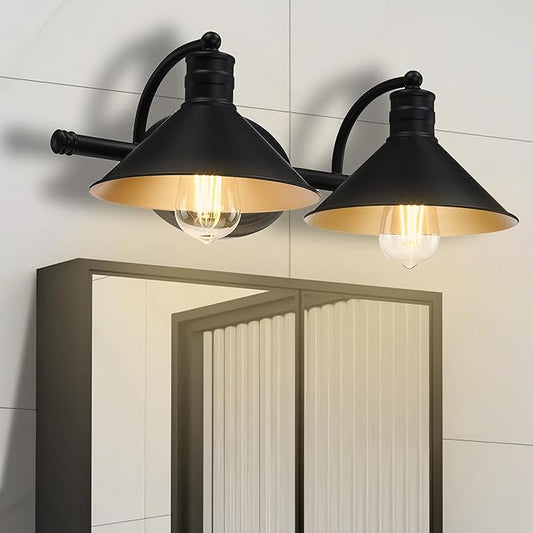 2 Light Bathroom Vanity Light Over Mirror - Black and Gold Farmhouse Wall Light for Bathroom Vanity Powder Room, Rustic Gooseneck Barn Style 2 Bulb Wall Sconce Over Kitchen Sink