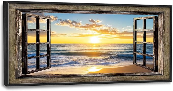 Beach Large Wall Art Sea Coastal Pictures Rustic Window Sunrise Wall Decor Canvas Print Painting Artwork for Bathroom Living Room Bedroom 60L" x 30W"
