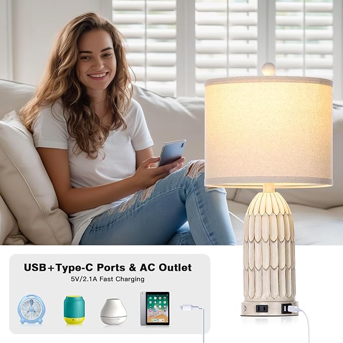 Farmhouse Table Lamps Set of 2, 3-Way Dimmable Touch Lamp for Bedroom Nightstand with USB A+C Ports & AC Outlet, White Vintage Boho Bedside Lamp for Living Room End Table (Bulbs Included)