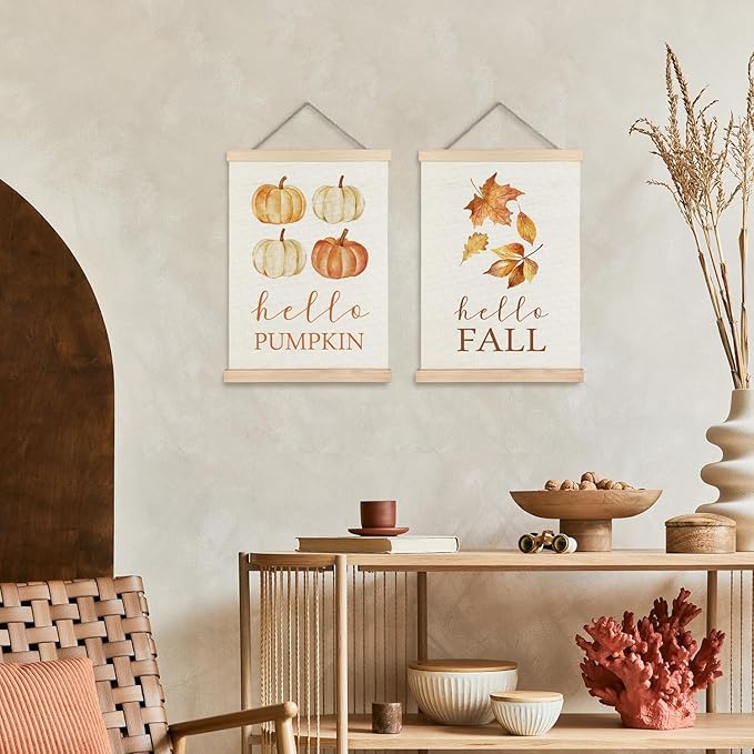 Supwhd Hello Pumpkin Fall Leaf Wall Art with Wooden Poster Hanger, Fall Wall Decor, Fall Posters, Farmhouse Fall Autumn Harvest Thanksgiving Wall Art Decor, Fall Home Decor, 12x16 Set of 2