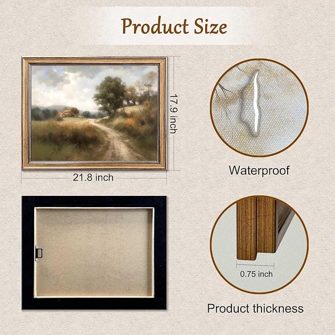 Framed Vintage Wall Art Classical Oil Painting Country Road Canvas Print Kitchen Living Room Farmhouse Wall Decor (Rural Trail, 20L x 16W)