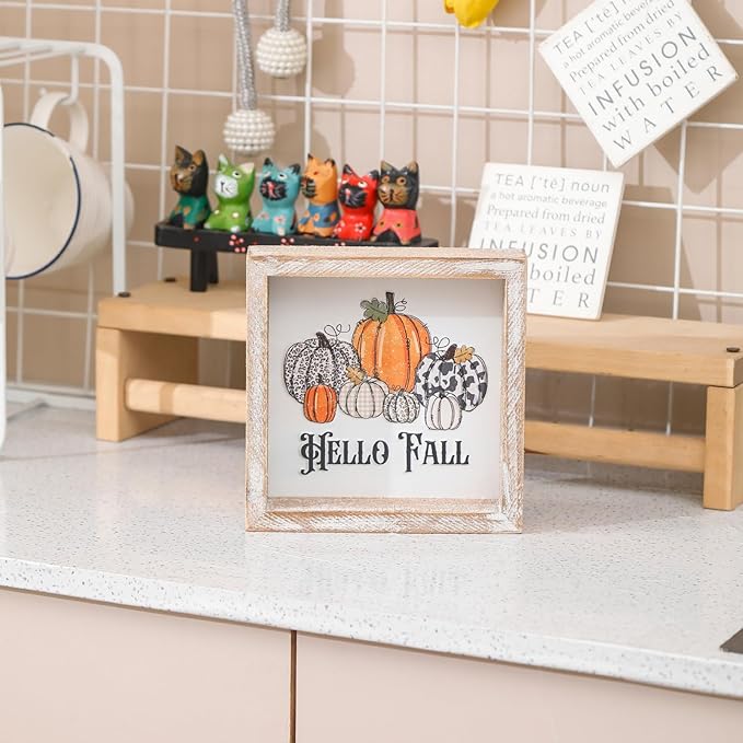 Embossed Pumpkin Sign, Farmhouse Autumn Decorations, Wooden Fall Tiered Tray Decor for Shelf Cubicle Desk Mantel, Rustic Thanksgiving Table Decor