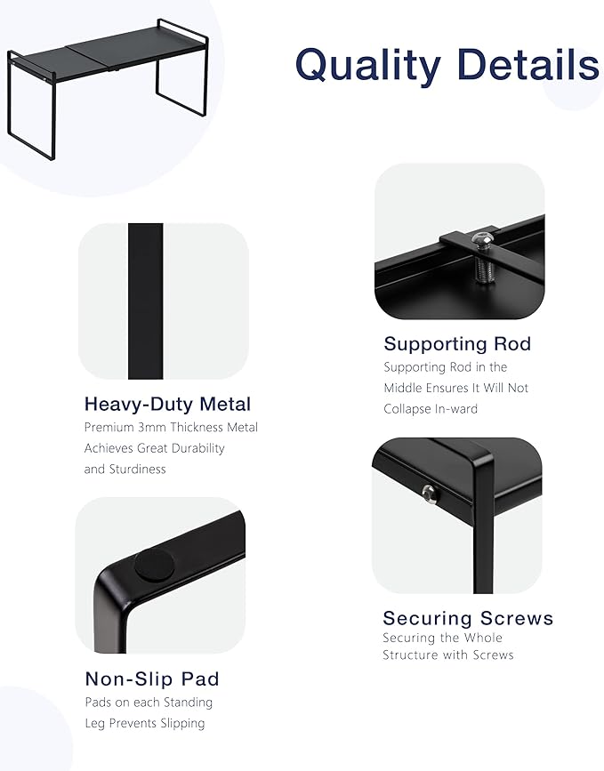 Nxconsu Expandable Cabinet Shelf Organizer Riser for Kitchen Pantry Cupboard Under Sink Countertop Home Storage Organization Rack Space Saver Freestanding Heavy Duty Nonslip Stackable Black X Large