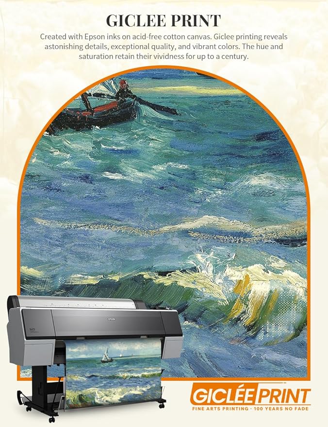 DECORARTS - The Sea at Les Saintes-Maries by Vincent Van Gogh, Large Giclee Canvas Print with Solid Wood Frame, Oversized Wall Art Decor