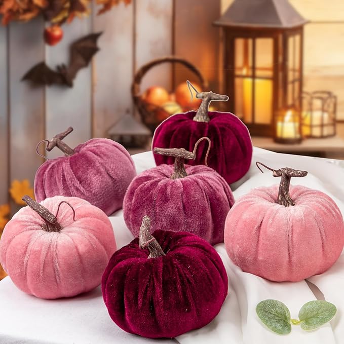 Briful Fall Pumpkins Decoration for Home, 6PCS Velvet Fake Pumpkin Decor for Autumn Harvest Thanksgiving Halloween Party Baby Shower Table Centerpiece Mantel Decoration(4 Inch, Purple/Burgundy/Pink)