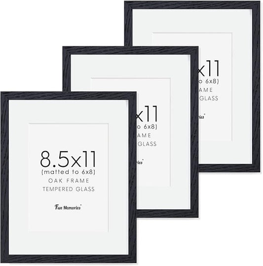 Fun Memories Solid Oak Wood Frame 8.5x11 With Real Glass - Display Poster 6x8 With Mat or 8.5x11 Without Mat - Wall Display Photo Frames, Black Color, 3 Pack