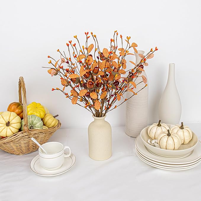 12 PCs Artifical Fall Stems 17 Inches Faux Autumn Branches Fall Floral Picks with Berry Acorn for Vase Table Centerpieces Window Living Room Indoor Decor