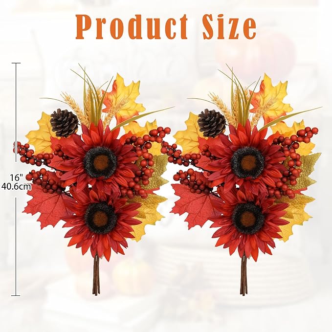 Briful Set of 2 16in Fall Burgundy Sunflower Picks and Sprays with Pinecones Berries Maple Leaves Artificial Fall Floral Branches Stems for Autumn Home Wedding Party Vase Centerpieces Decor