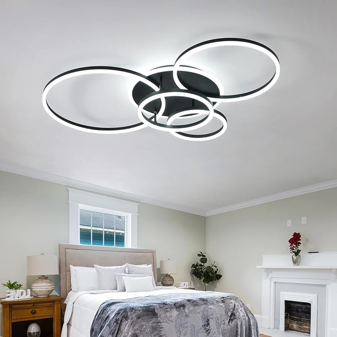 Modern LED Ceiling Light 90W Dimmable Ceiling Light Fixture with Remote Control 5 Rings Flush Mount Ceiling Light Black Acrylic Chandelier LED for Living Room Bedroom Kitchen Light fixtures(4+1B01)