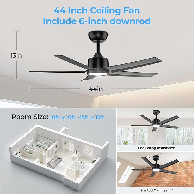 ocioc 44 Inch Ceiling Fans with Lights and Remote,Quiet DC Motor, Dimmable, 3CCT, 6 Speeds,Reversible, Black Modern Ceiling Fan for Bedroom, Living Room,Dining Room
