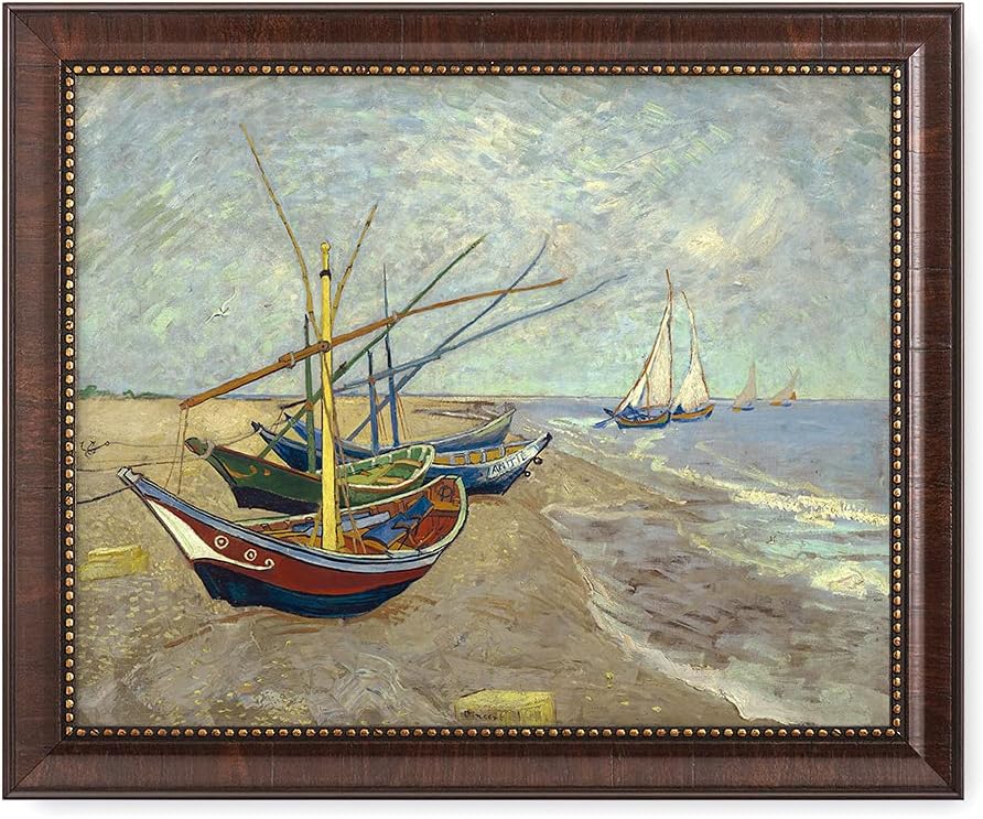 DECORARTS - Boats At Saintes Maire - Vincent Van Gogh Giclee Prints w/Antique Brown Frame for Wall Decor. Picture Size: 20x16, Total Size w/Frame: 23x19