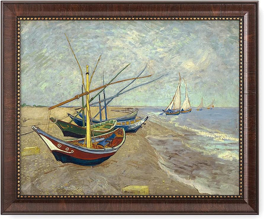 DECORARTS - Boats At Saintes Maire - Vincent Van Gogh Giclee Prints w/Antique Brown Frame for Wall Decor. Picture Size: 20x16, Total Size w/Frame: 23x19