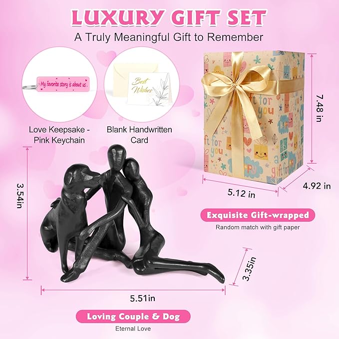 Sweet Couple & Dog Statue Cast Iron Sculpture Decor, Wedding Anniversary Love Gifts for Couple Women Men Wife Husband Her Him Girlfriend Boyfriend, for Wife Husband Birthday