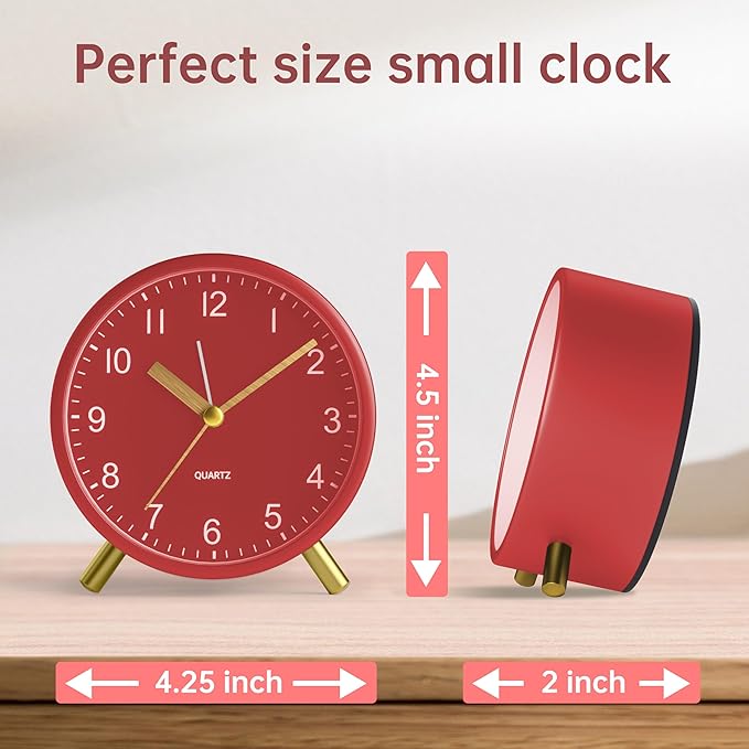 Analog Alarm Clock, 4 inch Super Silent Non Ticking Small Clock with Night Light, Battery Operated, Simple Design, easy setting for Office, Bedroom, Bedside, Desk, teens, elders, kids, adult, Red