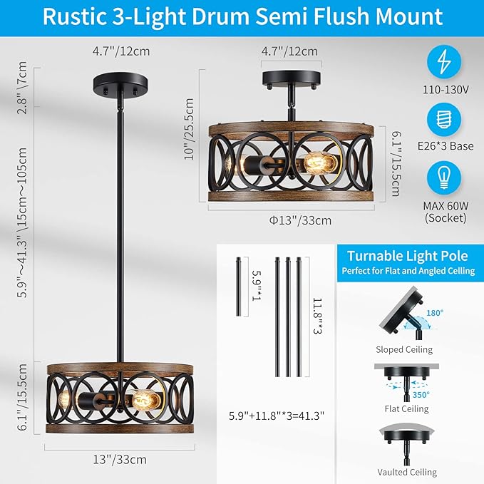 XINGQI Black Ceiling Light Adjustable Height Chandelier Modern Farmhouse Pendant Lighting Fixture Wood Grain Metal 13" Rustic Round Lights for Dining Room Kitchen Bedroom Entryway